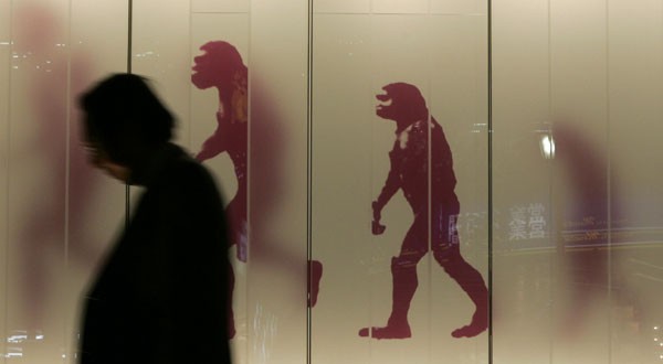 Un homme marche devant un panneau qui dépeint l'évolution humaine dans le quartier des affaires de Tokyo, le 17 novembre 2008. REUTERS/Michael Caronna